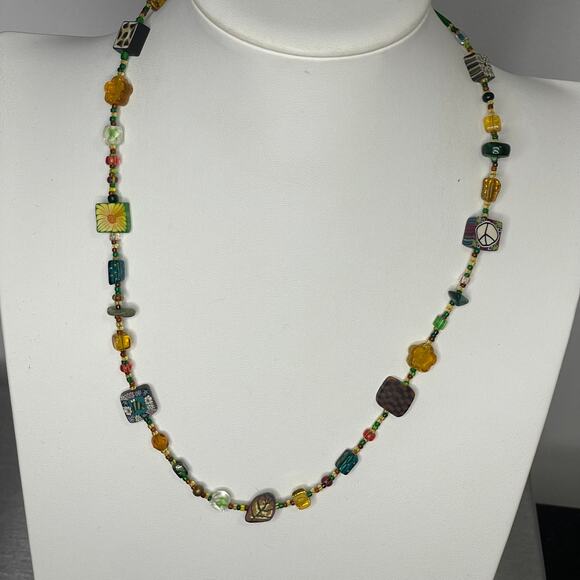 Artisan beaded necklace costume jewelry natural nature neutral burnished silver - Picture 1 of 10